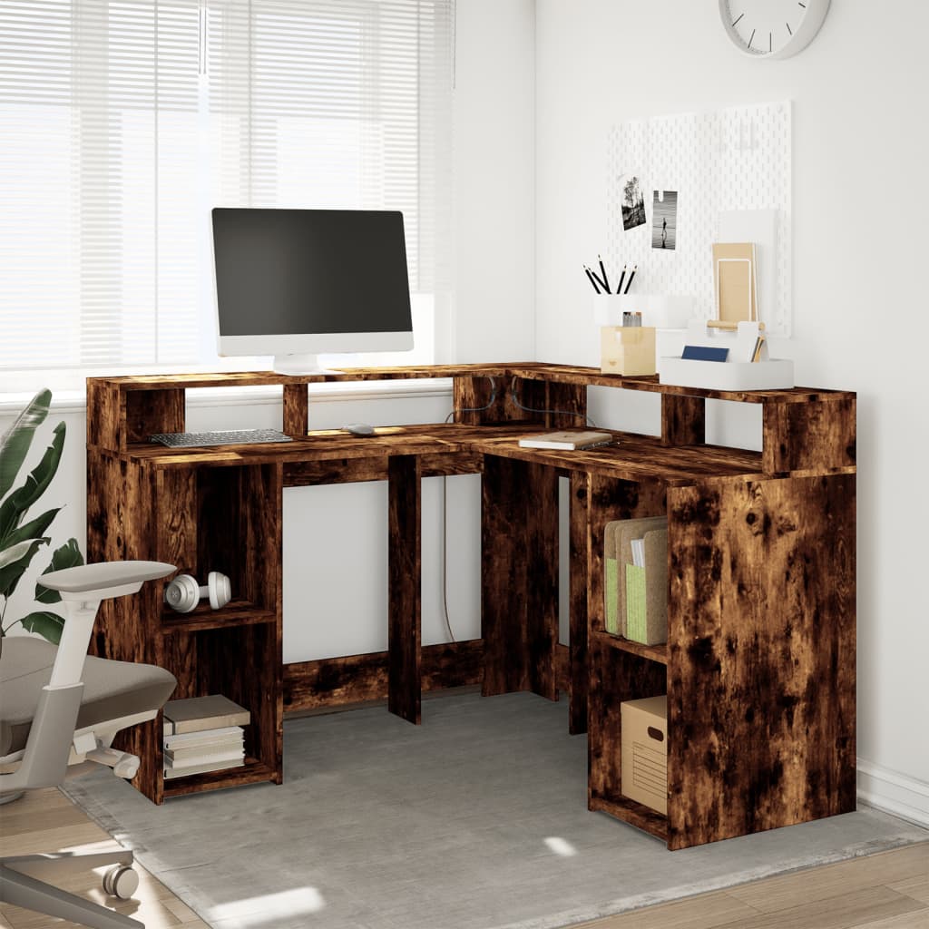 Skrivebord med LED-lys røkt eik 130x130x91 cm konstruert tre