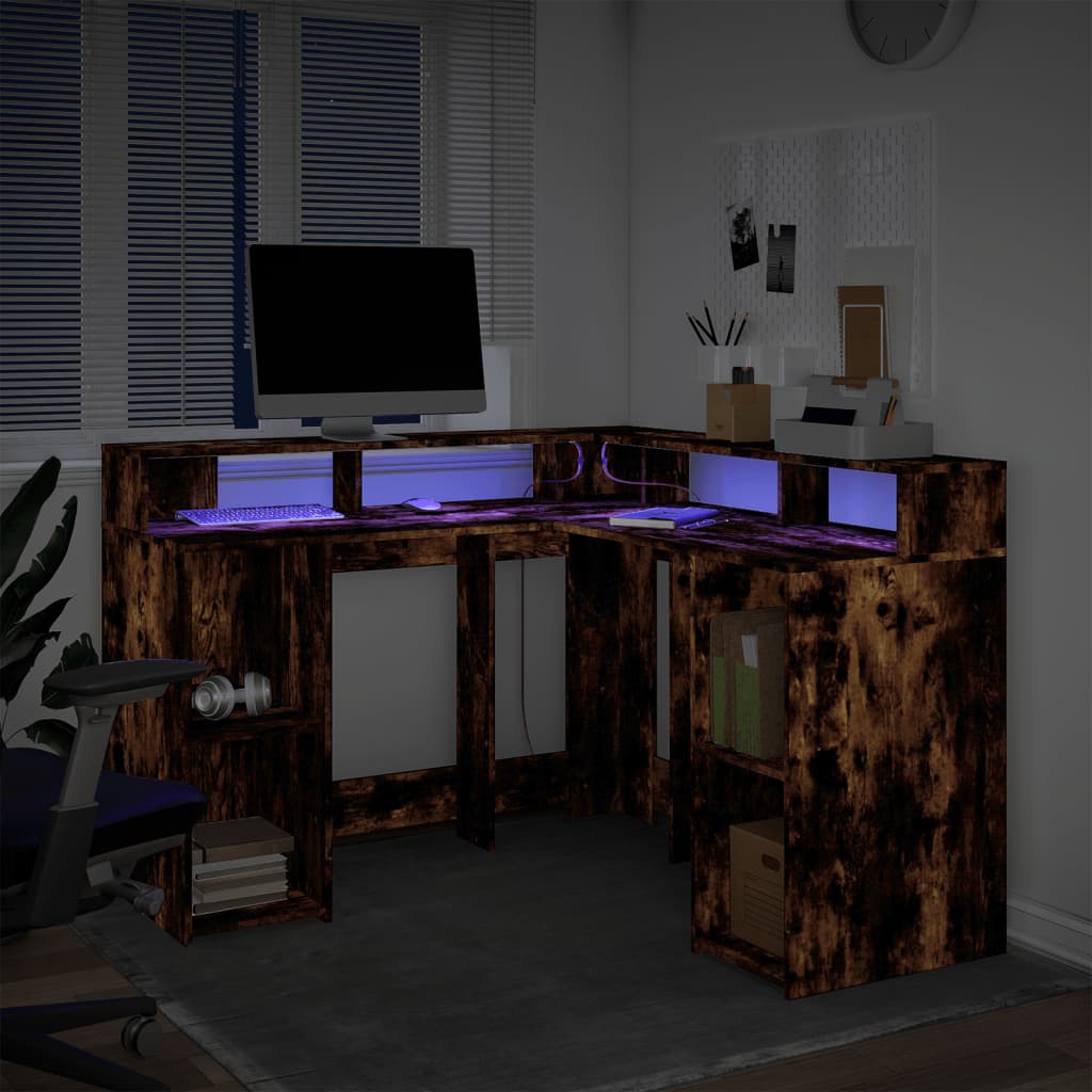 Skrivebord med LED-lys røkt eik 130x130x91 cm konstruert tre
