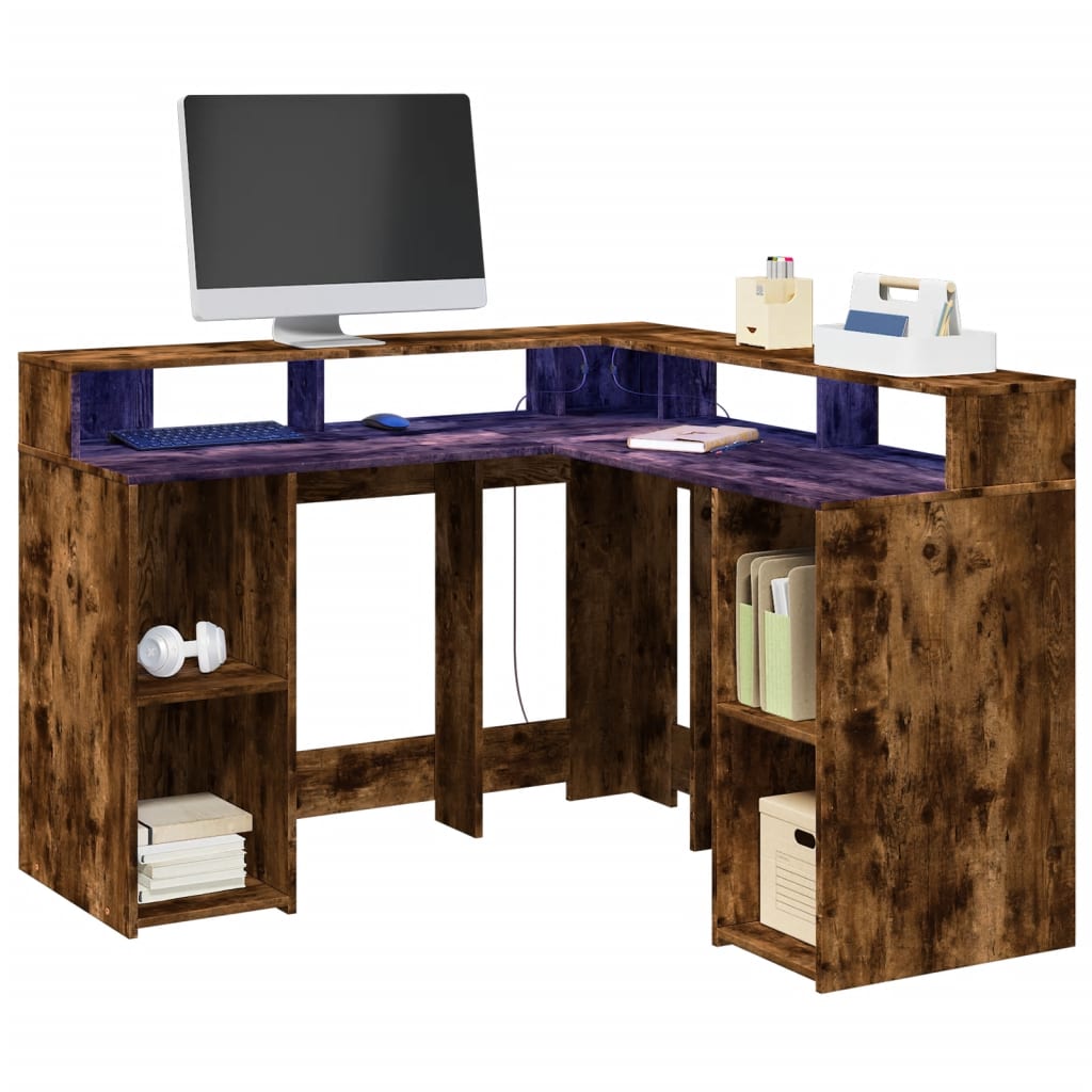 Skrivebord med LED-lys røkt eik 130x130x91 cm konstruert tre