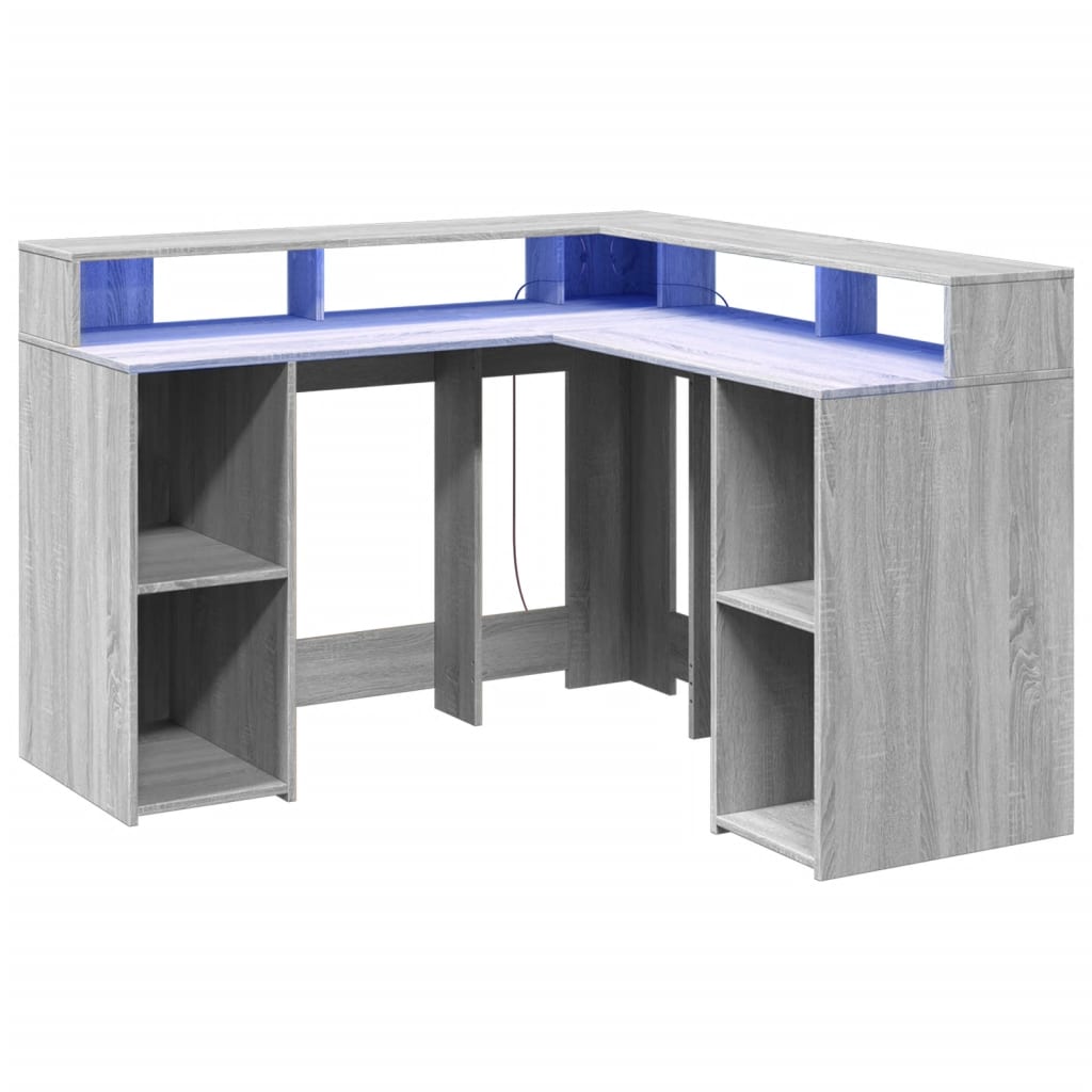 Skrivebord med LED-lys grå sonoma 130x130x91 cm konstruert tre