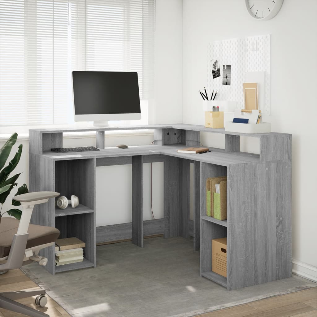 Skrivebord med LED-lys grå sonoma 130x130x91 cm konstruert tre