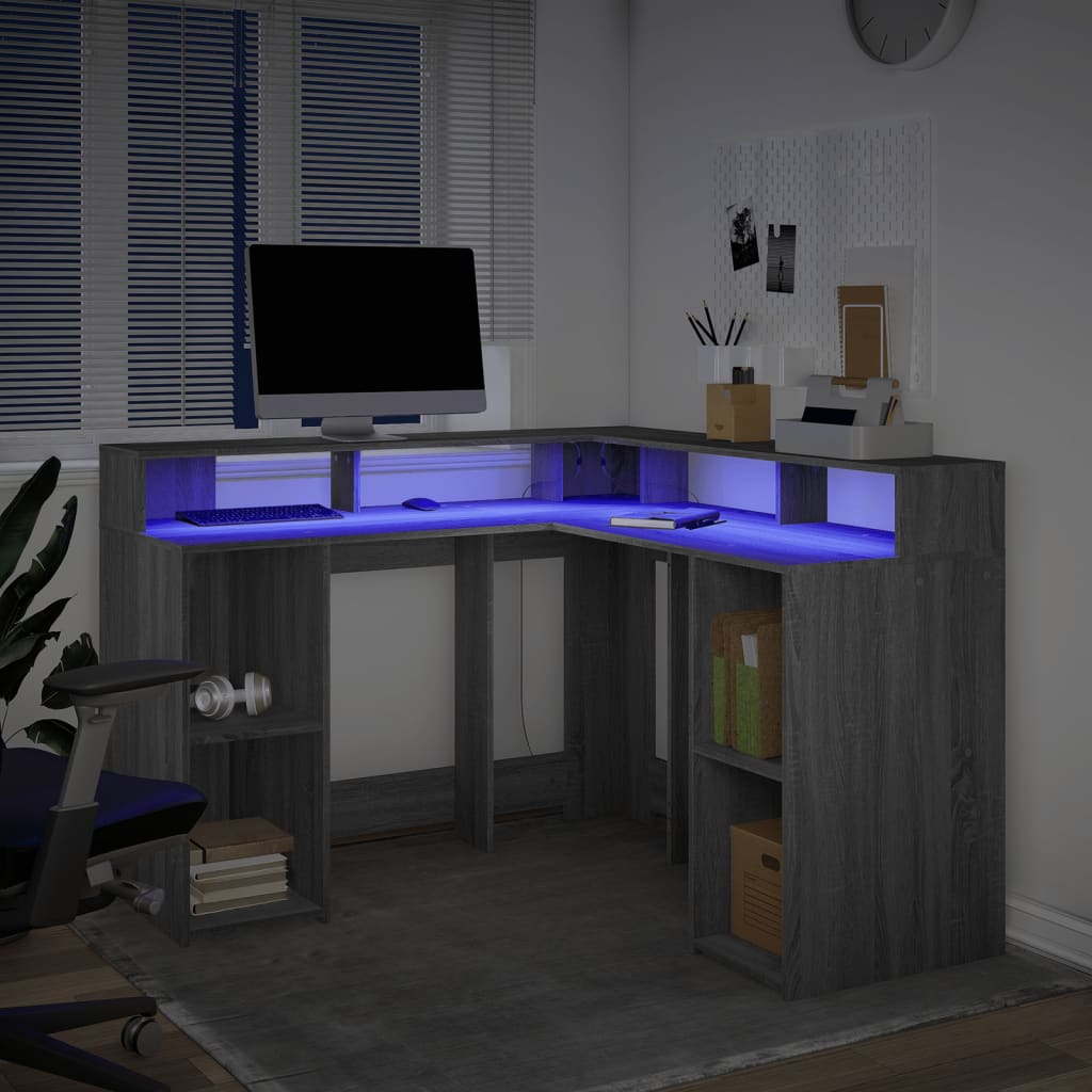 Skrivebord med LED-lys grå sonoma 130x130x91 cm konstruert tre
