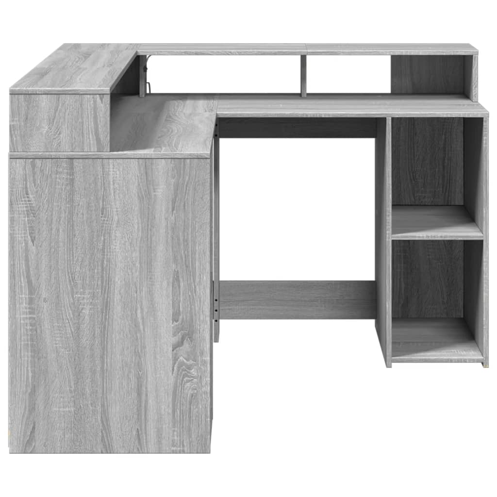 Skrivebord med LED-lys grå sonoma 130x130x91 cm konstruert tre