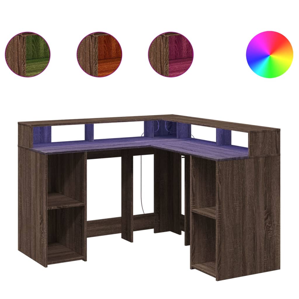 Skrivebord med LED-lys brun eik 130x130x91 cm konstruert tre