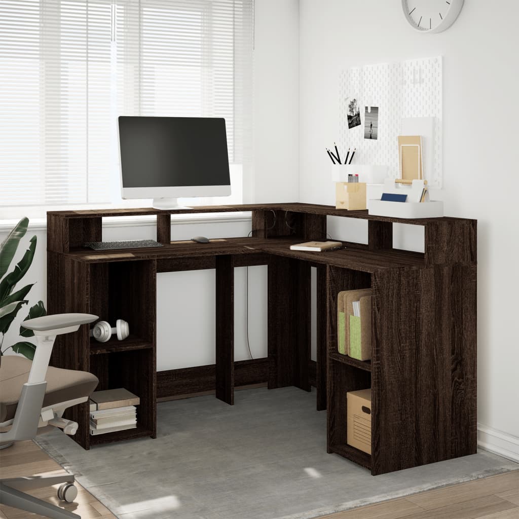 Skrivebord med LED-lys brun eik 130x130x91 cm konstruert tre