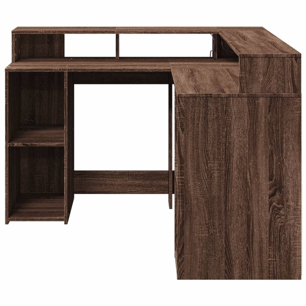 Skrivebord med LED-lys brun eik 130x130x91 cm konstruert tre