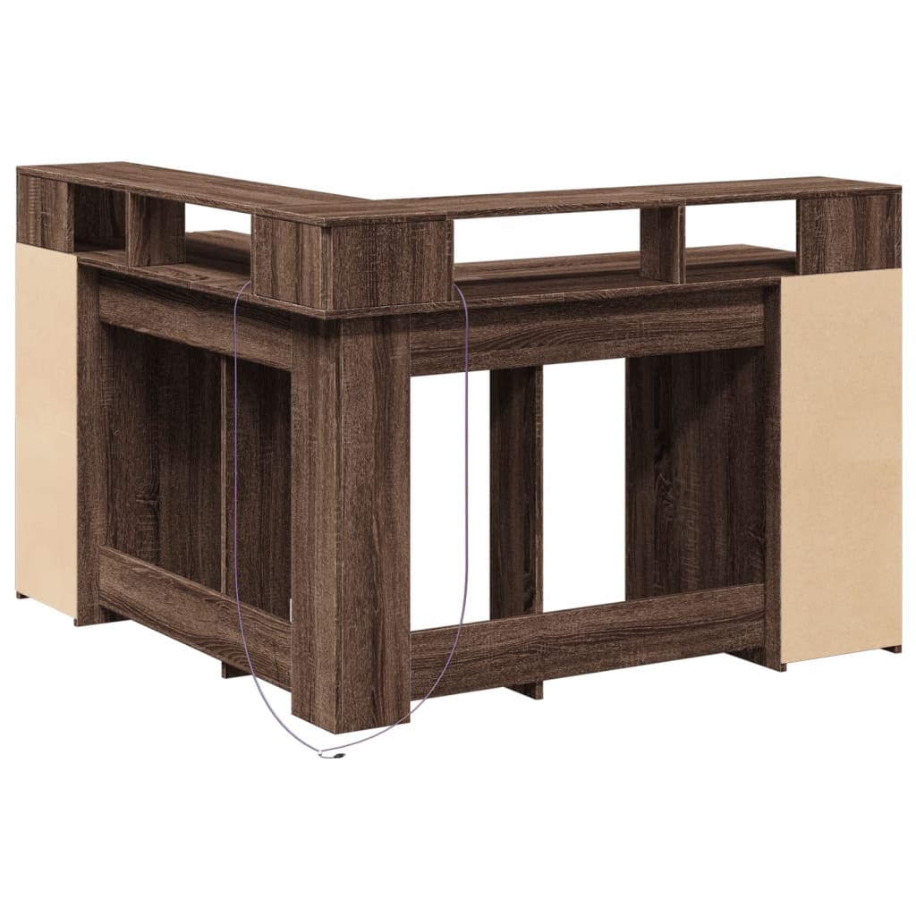 Skrivebord med LED-lys brun eik 130x130x91 cm konstruert tre