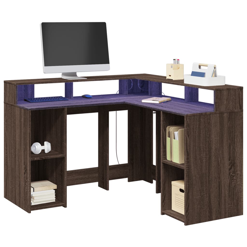 Skrivebord med LED-lys brun eik 130x130x91 cm konstruert tre