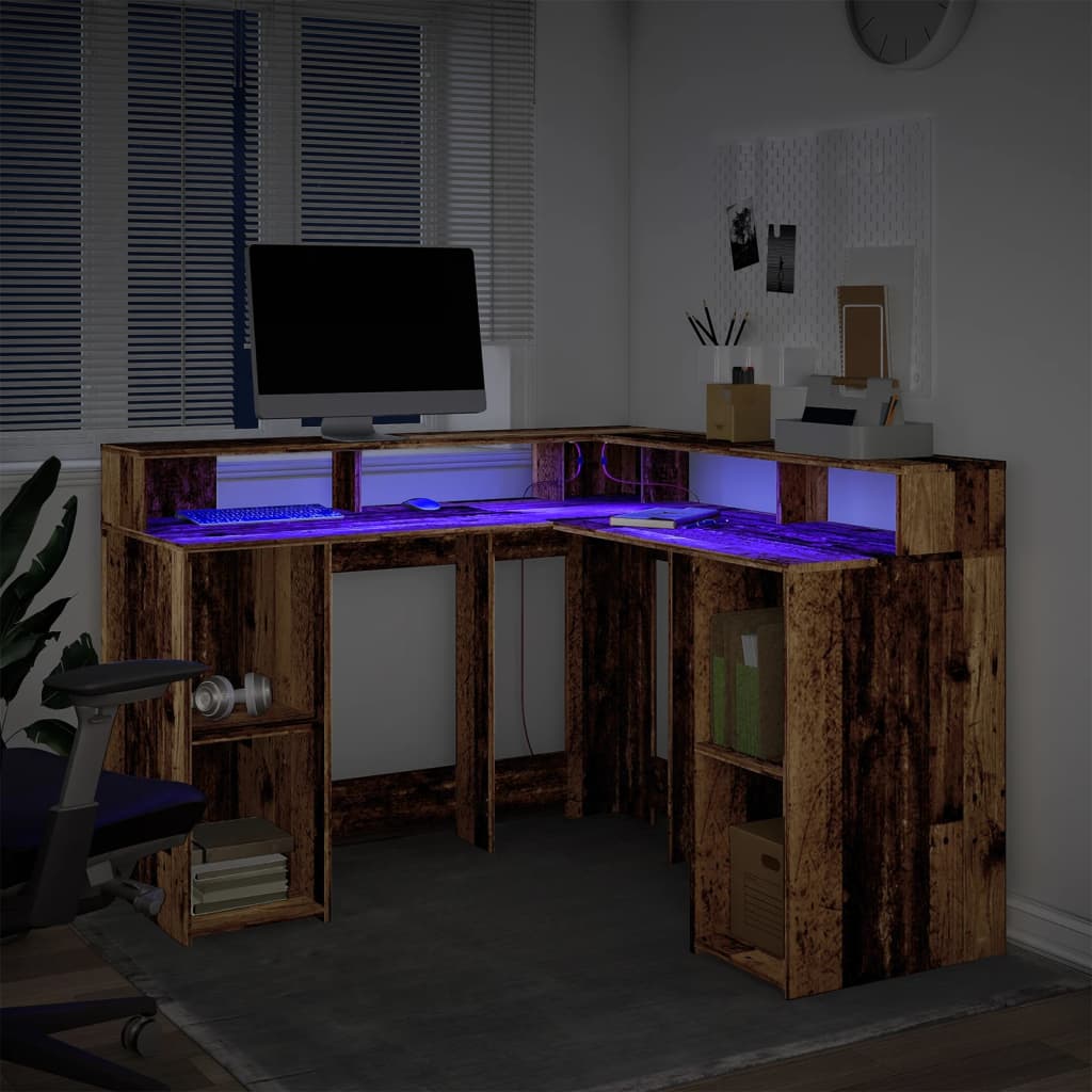 Skrivebord med LED-lys gammelt tre 130x130x91 cm konstruert tre