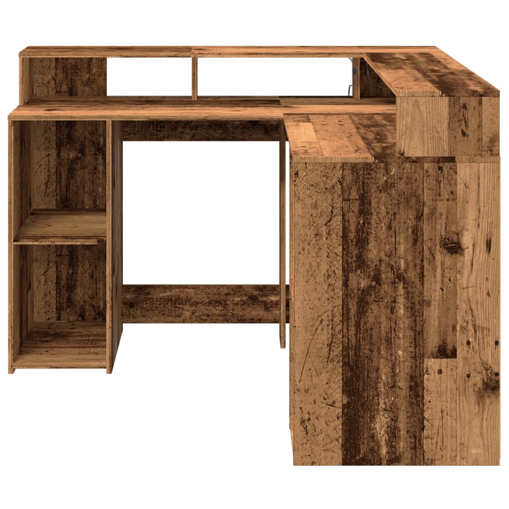 Skrivebord med LED-lys gammelt tre 130x130x91 cm konstruert tre