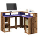 Skrivebord med LED-lys gammelt tre 130x130x91 cm konstruert tre