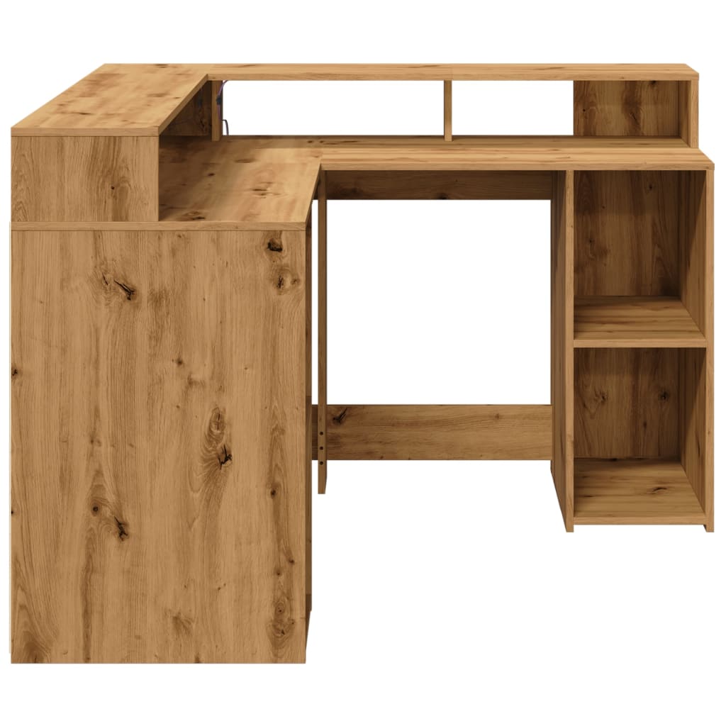 Skrivebord med LED-lys artisan eik 130x130x91 cm konstruert tre