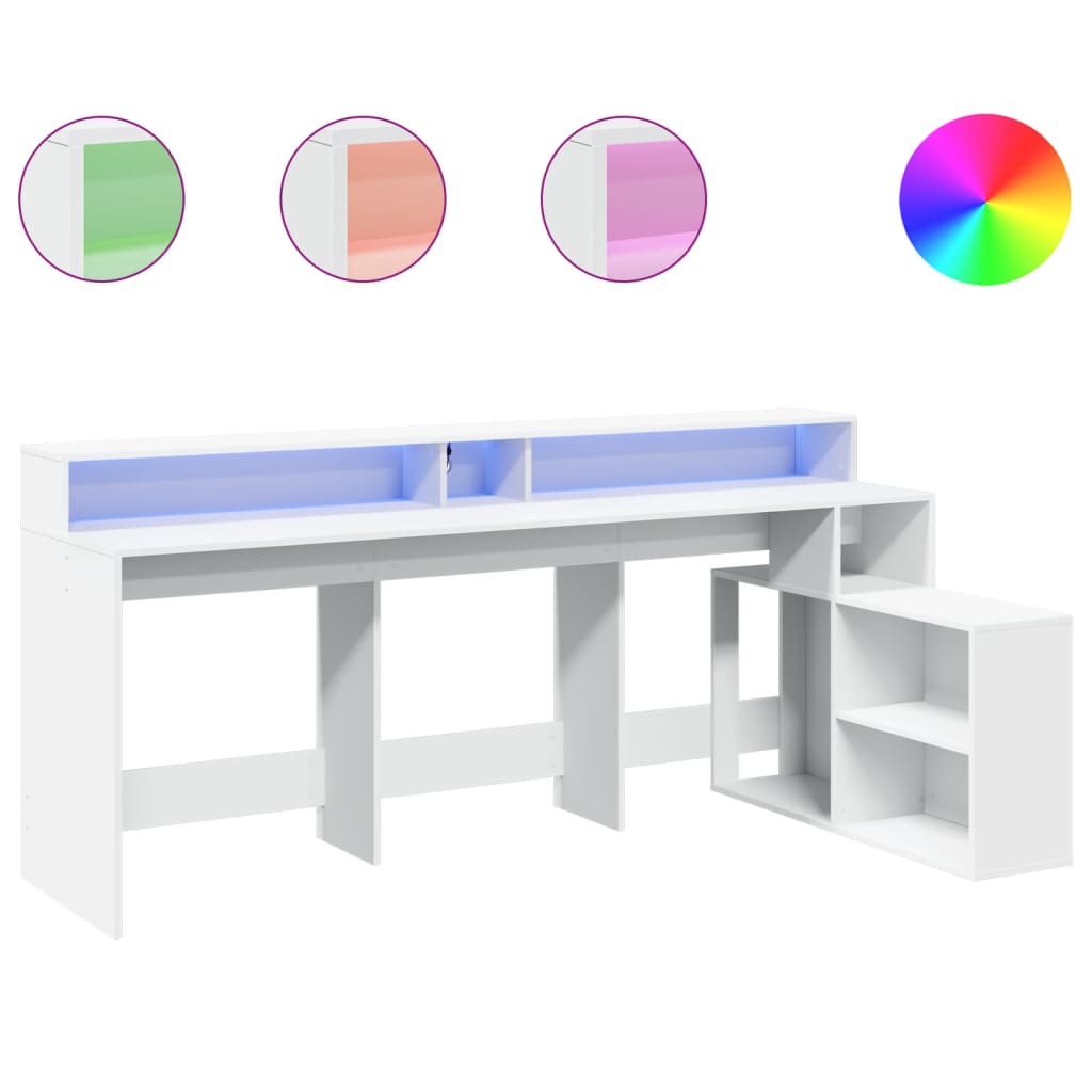 Skrivebord med LED-lys hvit 200x104x91 cm konstruert tre