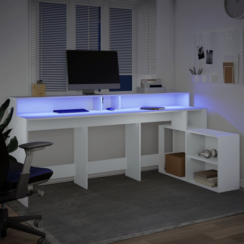 Skrivebord med LED-lys hvit 200x104x91 cm konstruert tre