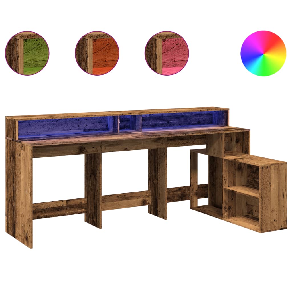 Skrivebord med LED-lys gammelt tre 200x104x91 cm konstruert tre