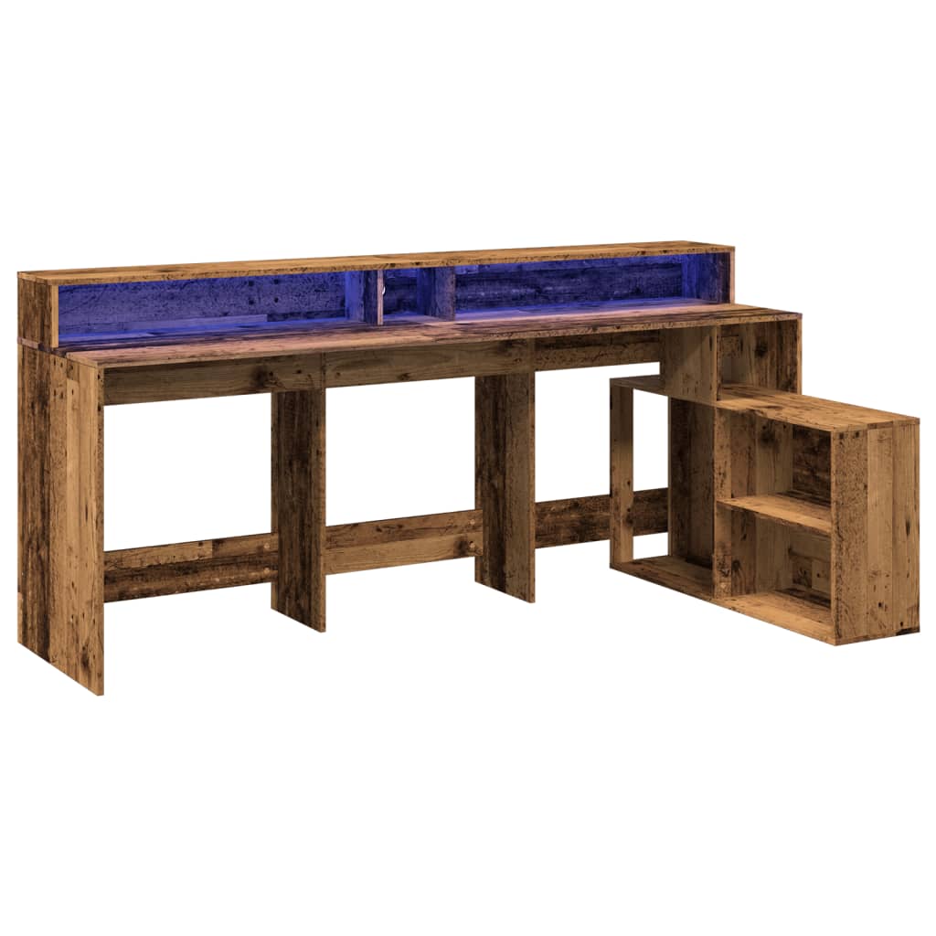 Skrivebord med LED-lys gammelt tre 200x104x91 cm konstruert tre
