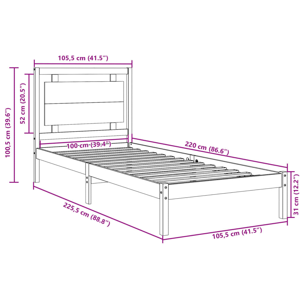 Ekstra lang sengeramme uten madrass 100x220 cm heltre