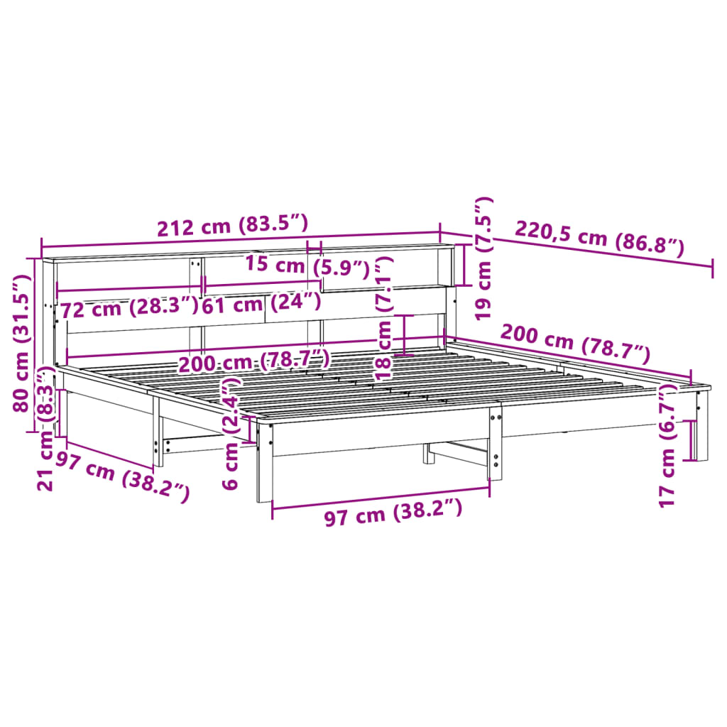 Sengeramme uten madrass voksbrun 200x200 cm heltre furu
