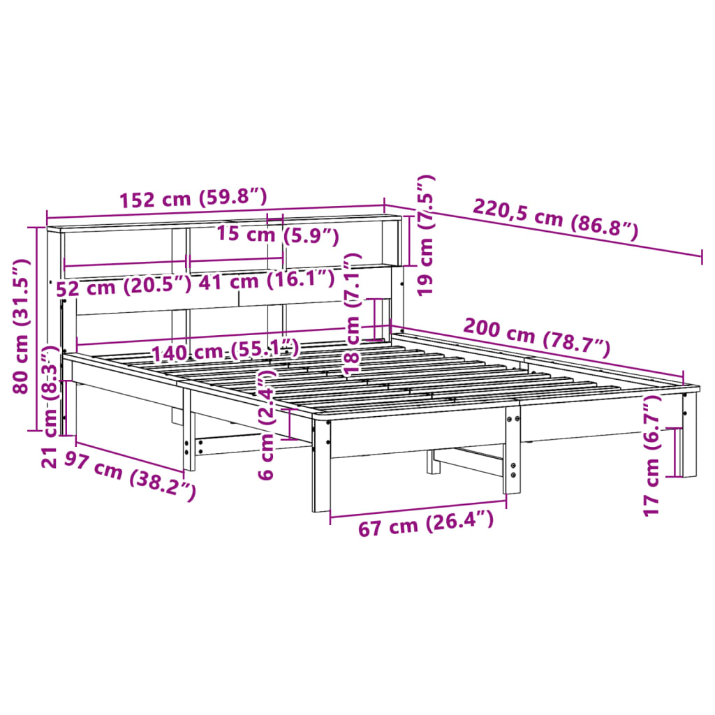 Sengeramme uten madrass voksbrun 140x200 cm heltre furu