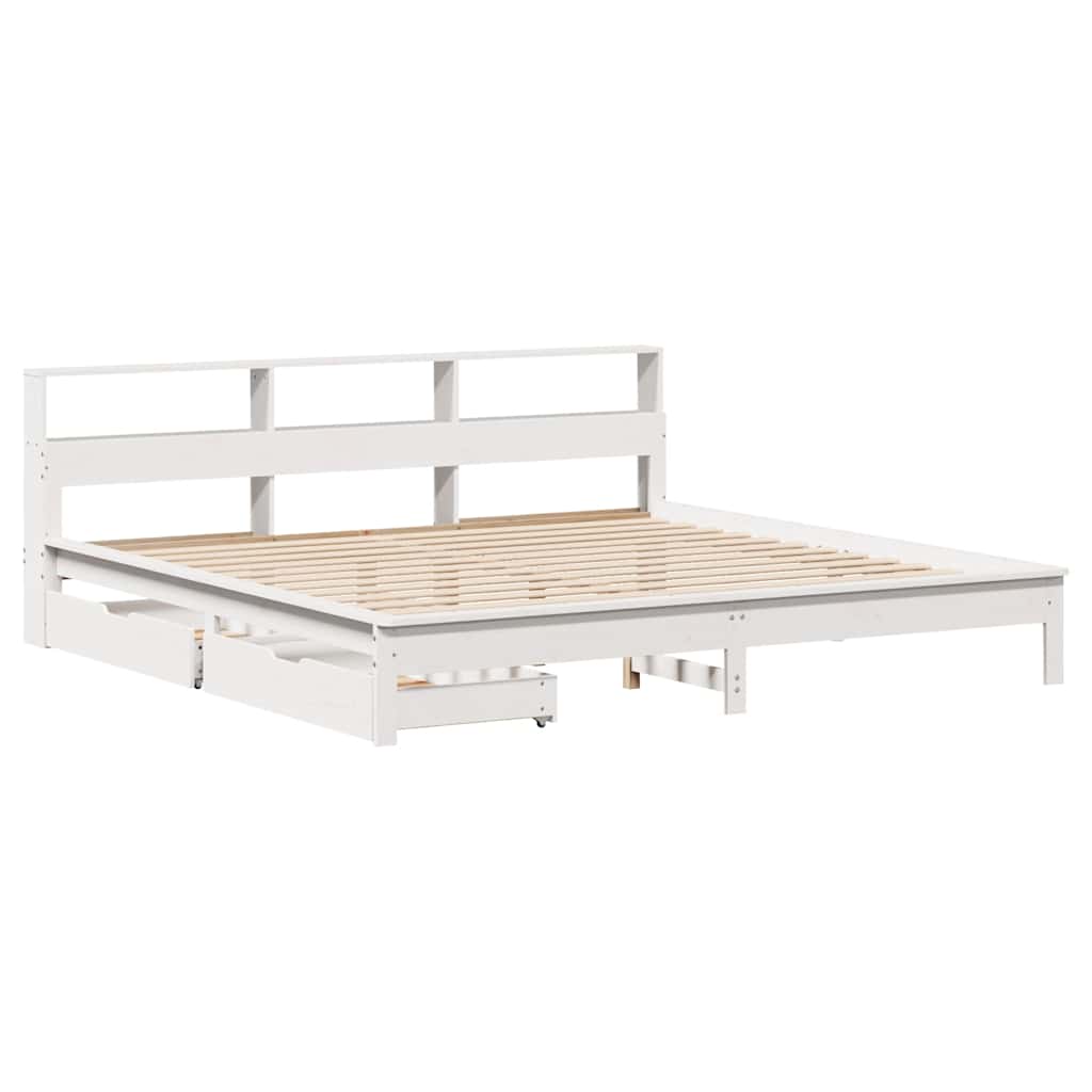 Seng med bokhylle uten madrass hvit 200x200 cm heltre furu