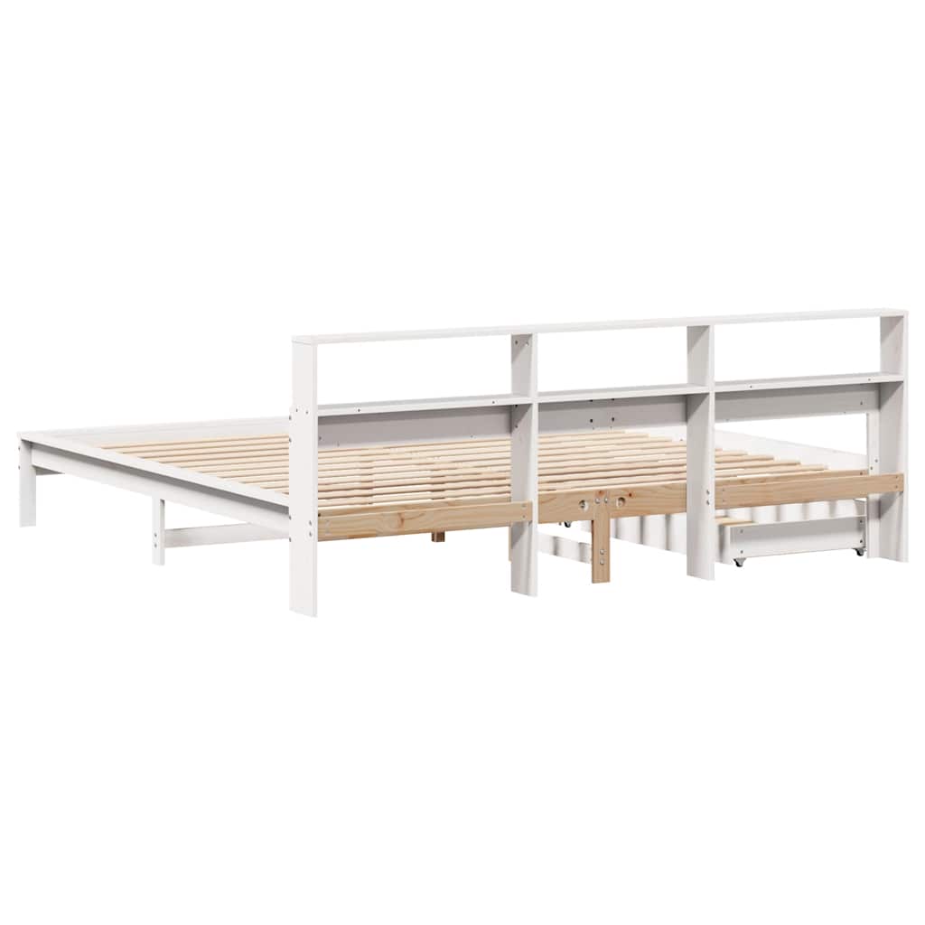 Seng med bokhylle uten madrass hvit 200x200 cm heltre furu