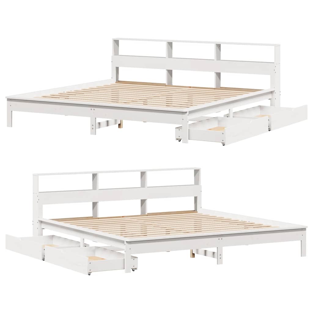 Seng med bokhylle uten madrass hvit 200x200 cm heltre furu