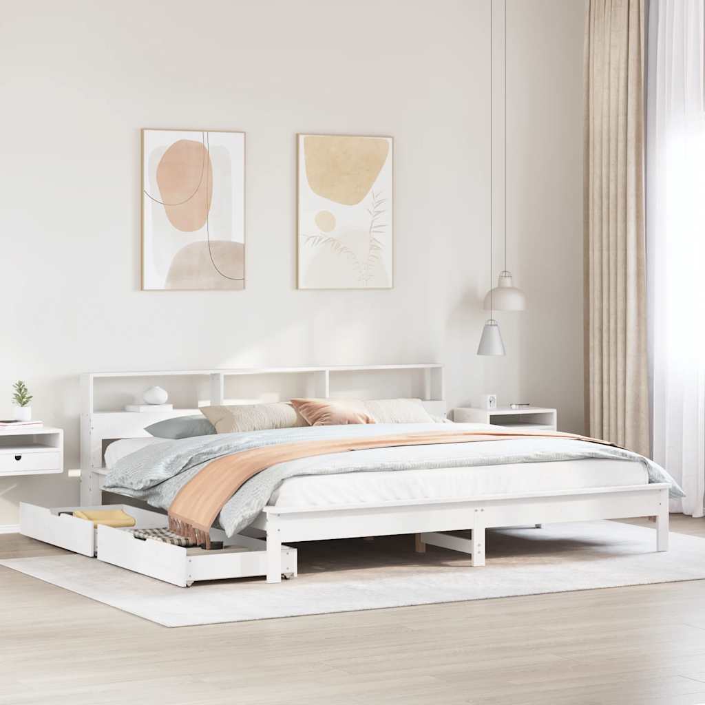 Seng med bokhylle uten madrass hvit 200x200 cm heltre furu
