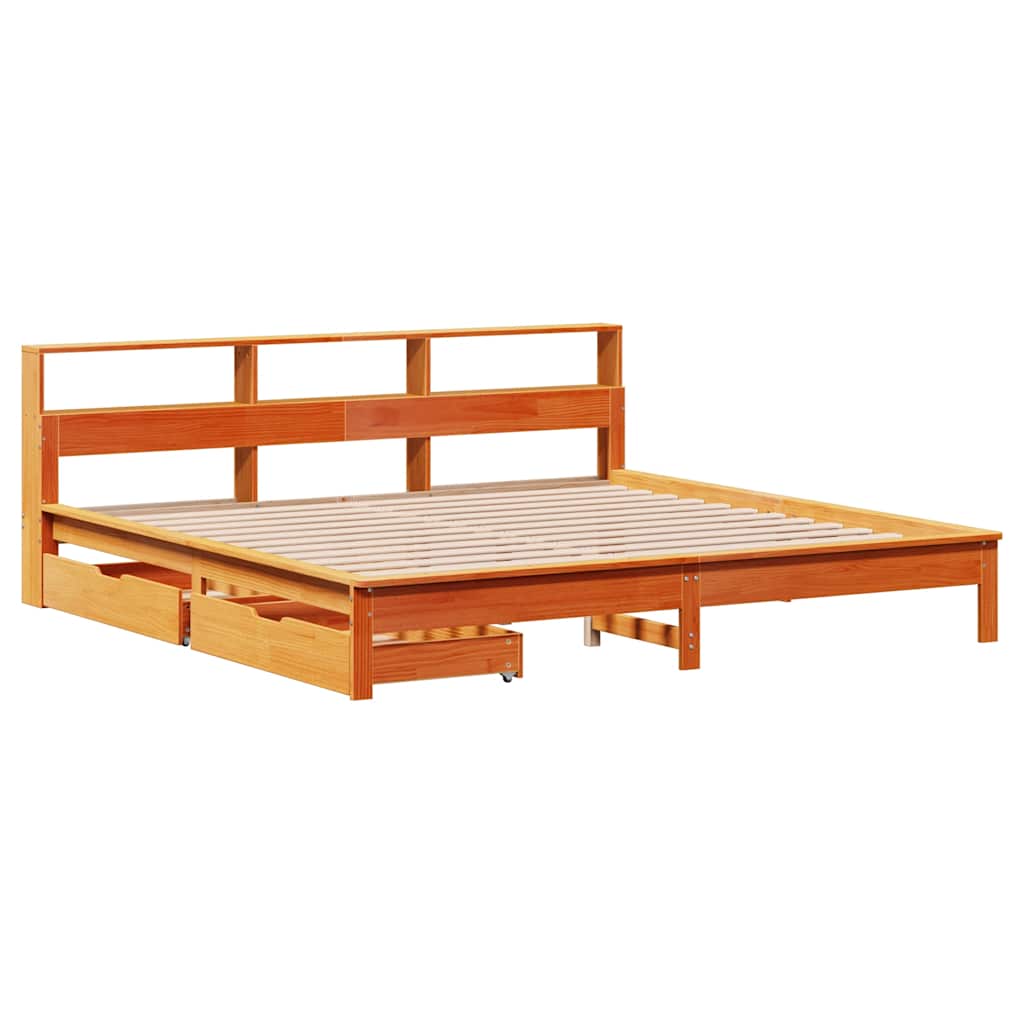 Seng med bokhylle uten madrass voksbrun 200x200 cm heltre furu