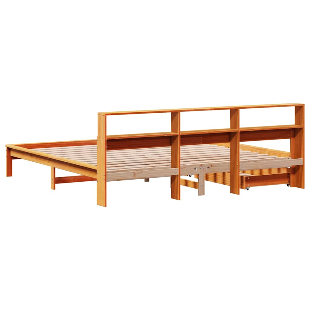 Seng med bokhylle uten madrass voksbrun 200x200 cm heltre furu