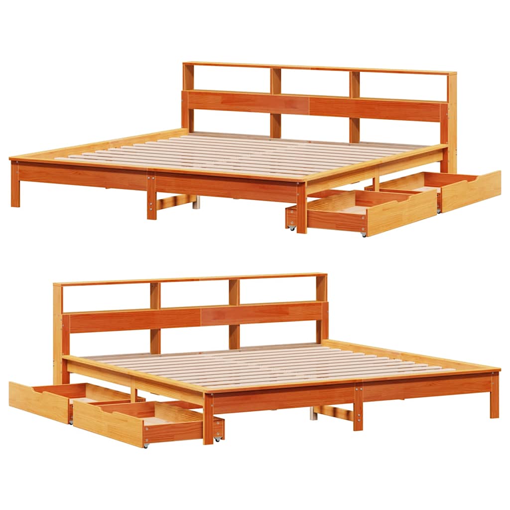 Seng med bokhylle uten madrass voksbrun 200x200 cm heltre furu