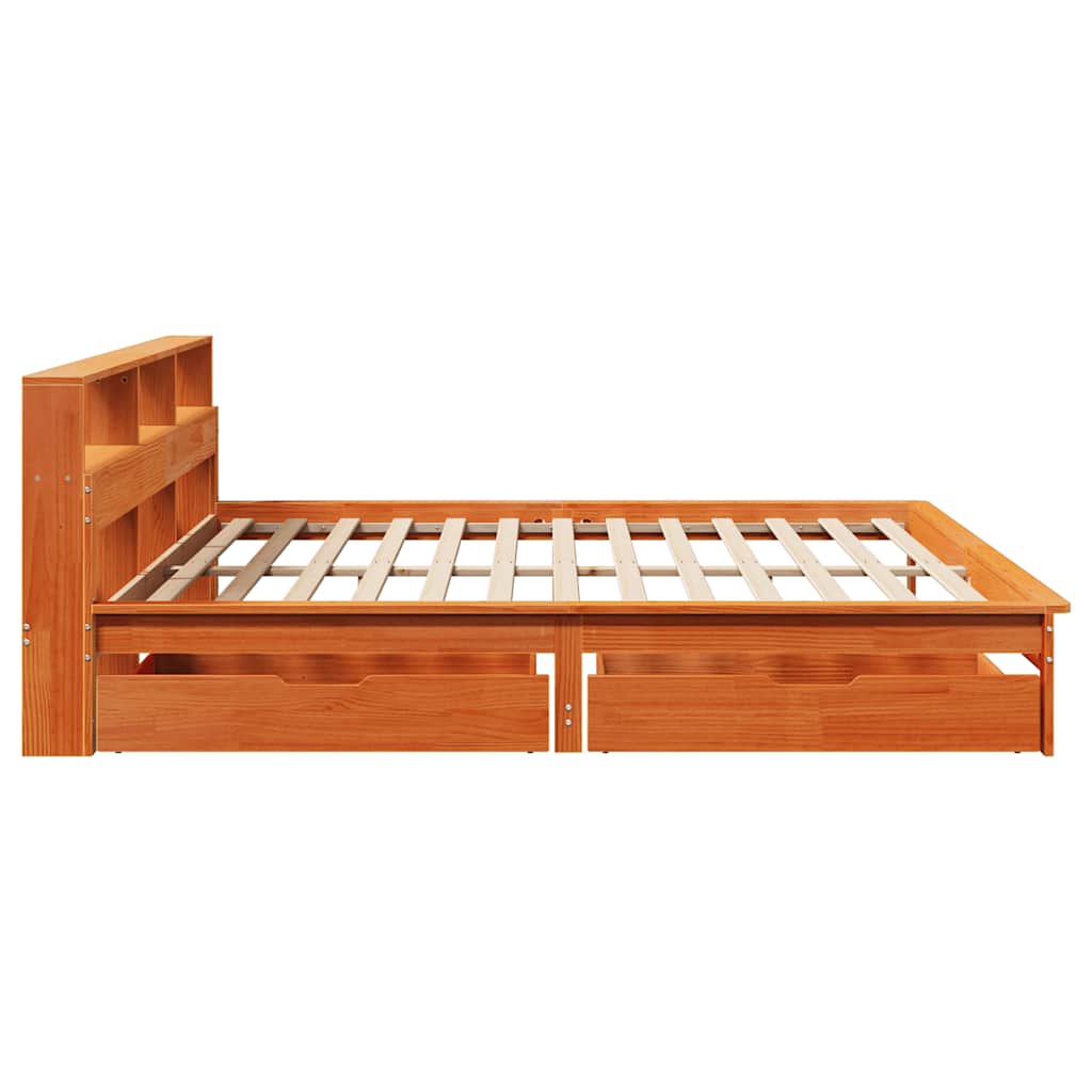 Seng med bokhylle uten madrass voksbrun 180x200 cm heltre furu