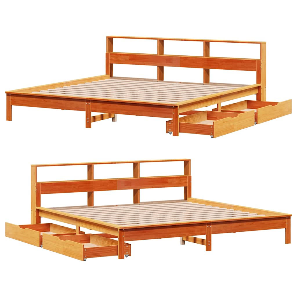 Seng med bokhylle uten madrass voksbrun 180x200 cm heltre furu