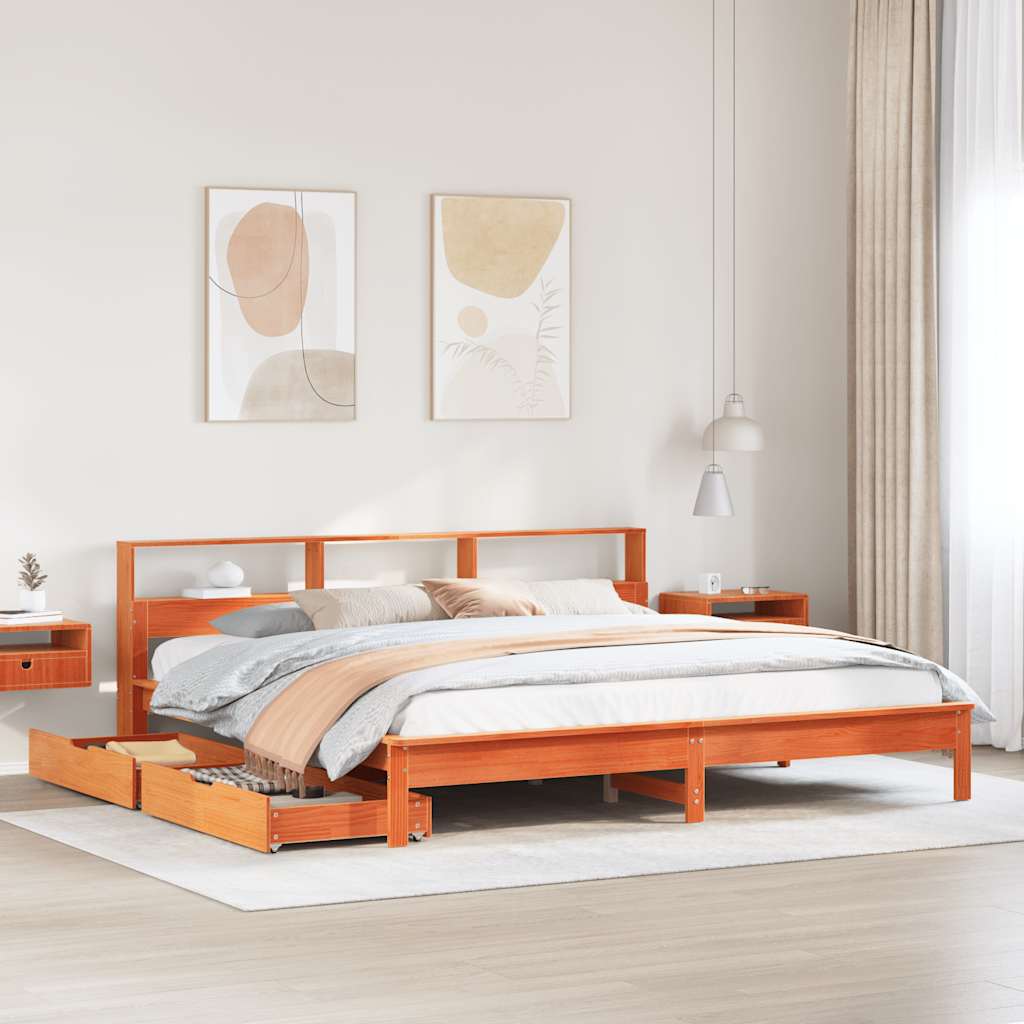 Seng med bokhylle uten madrass voksbrun 180x200 cm heltre furu