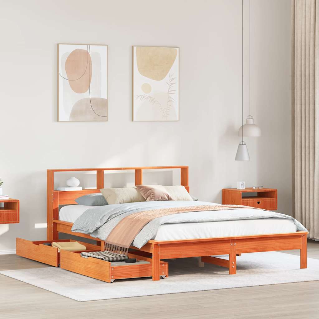 Seng med bokhylle uten madrass voksbrun 160x200 cm heltre furu