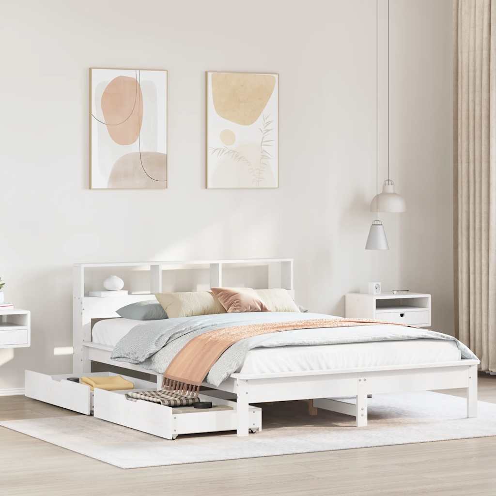 Seng med bokhylle uten madrass hvit 150x200 cm heltre furu