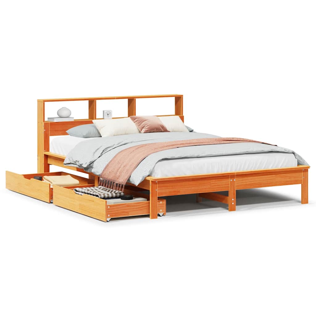 Seng med bokhylle uten madrass voksbrun 150x200 cm heltre furu