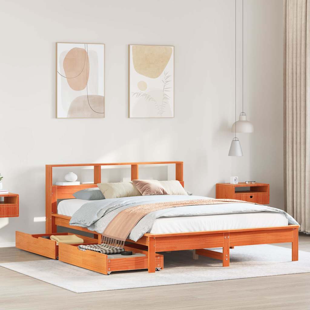 Seng med bokhylle uten madrass voksbrun 150x200 cm heltre furu