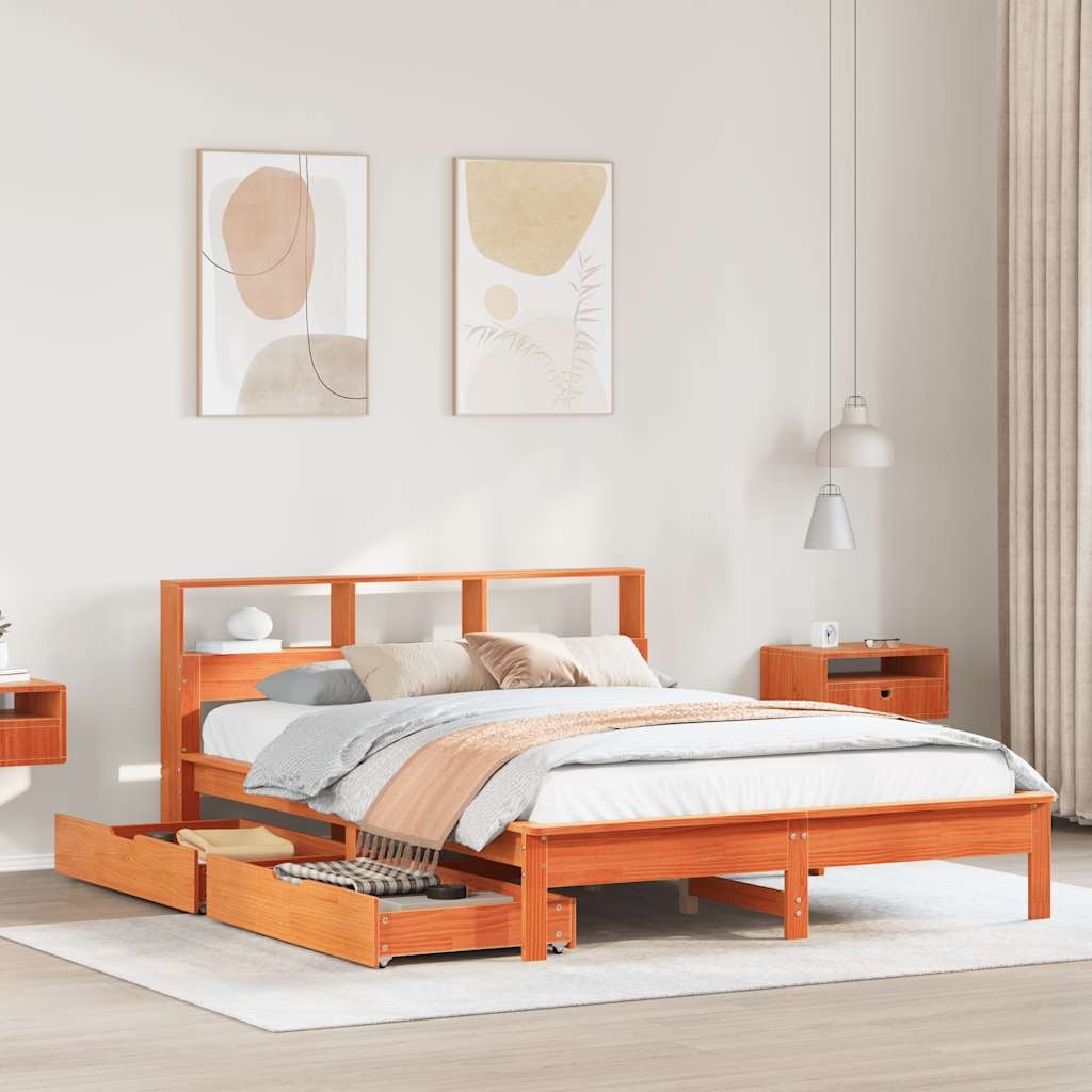 Seng med bokhylle uten madrass voksbrun 120x200 cm heltre furu