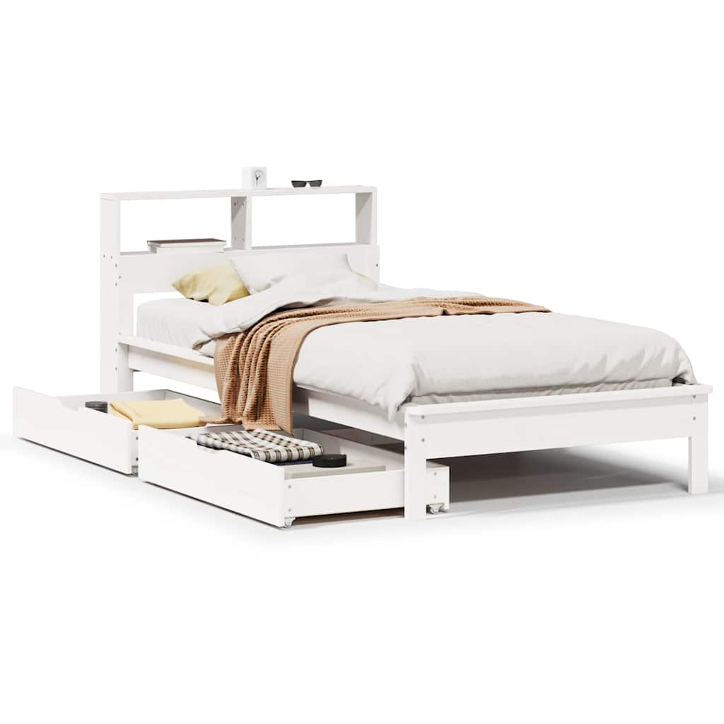 Seng med bokhylle uten madrass hvit 90x200 cm heltre furu
