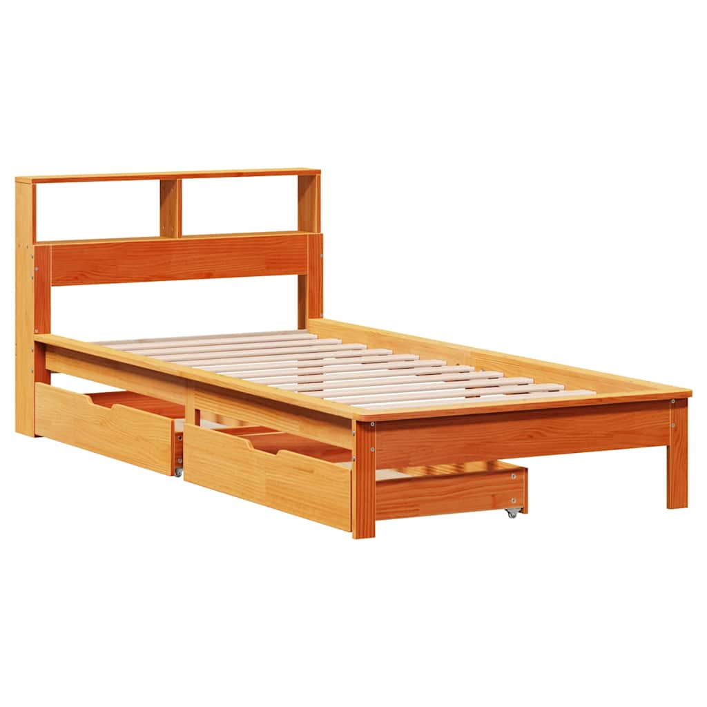Seng med bokhylle uten madrass voksbrun 90x200 cm heltre furu