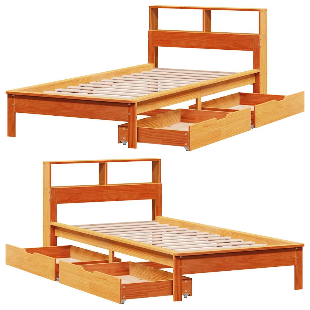 Seng med bokhylle uten madrass voksbrun 90x200 cm heltre furu