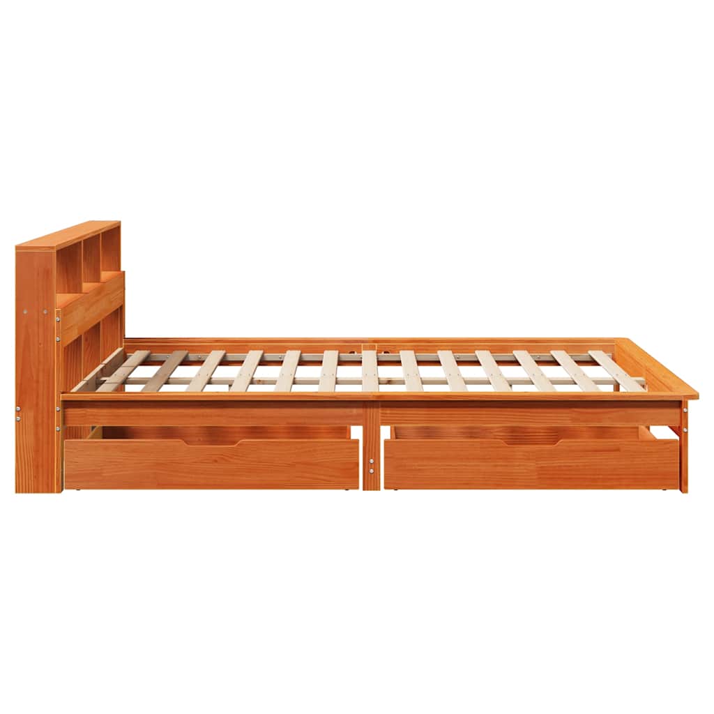 Seng med bokhylle uten madrass voksbrun 140x190 cm heltre furu