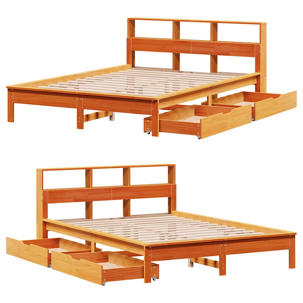 Seng med bokhylle uten madrass voksbrun 135x190 cm heltre furu