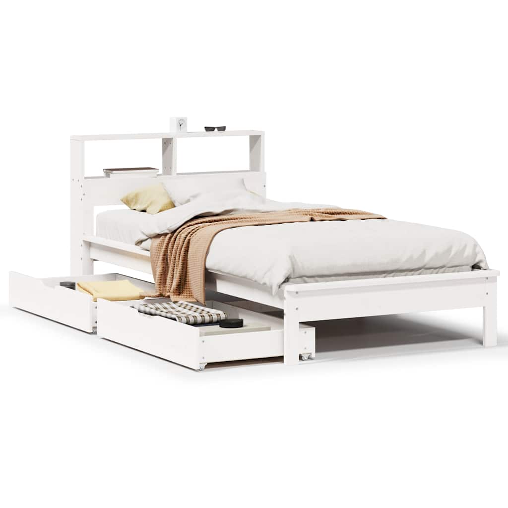 Seng med bokhylle uten madrass hvit 90x190 cm heltre furu