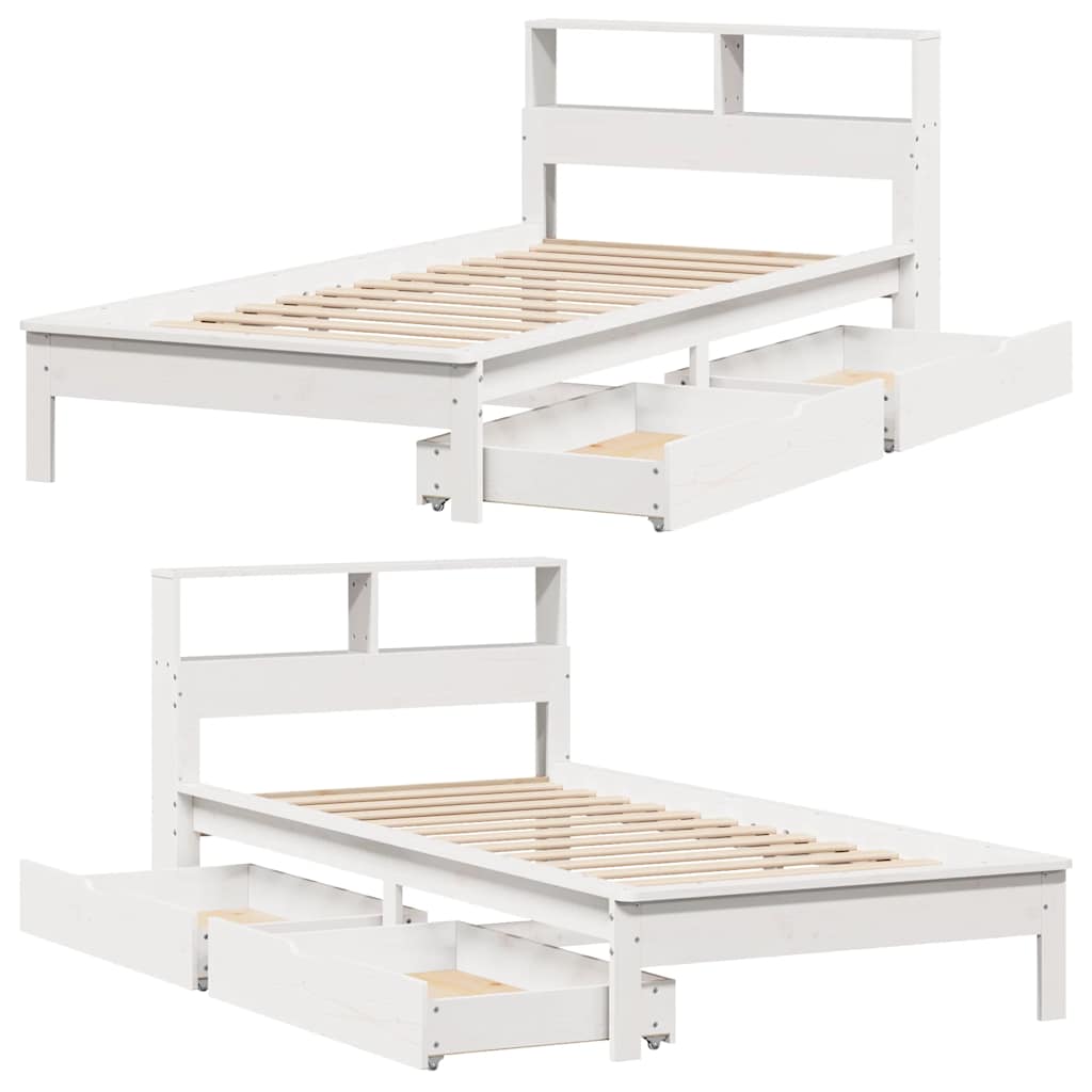 Seng med bokhylle uten madrass hvit 75x190 cm heltre furu
