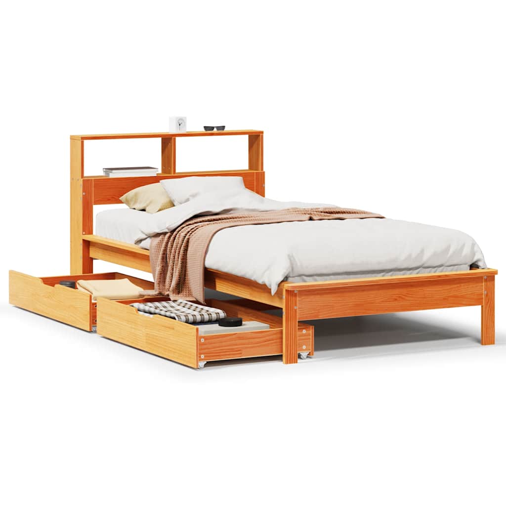 Seng med bokhylle uten madrass voksbrun 75x190 cm heltre furu