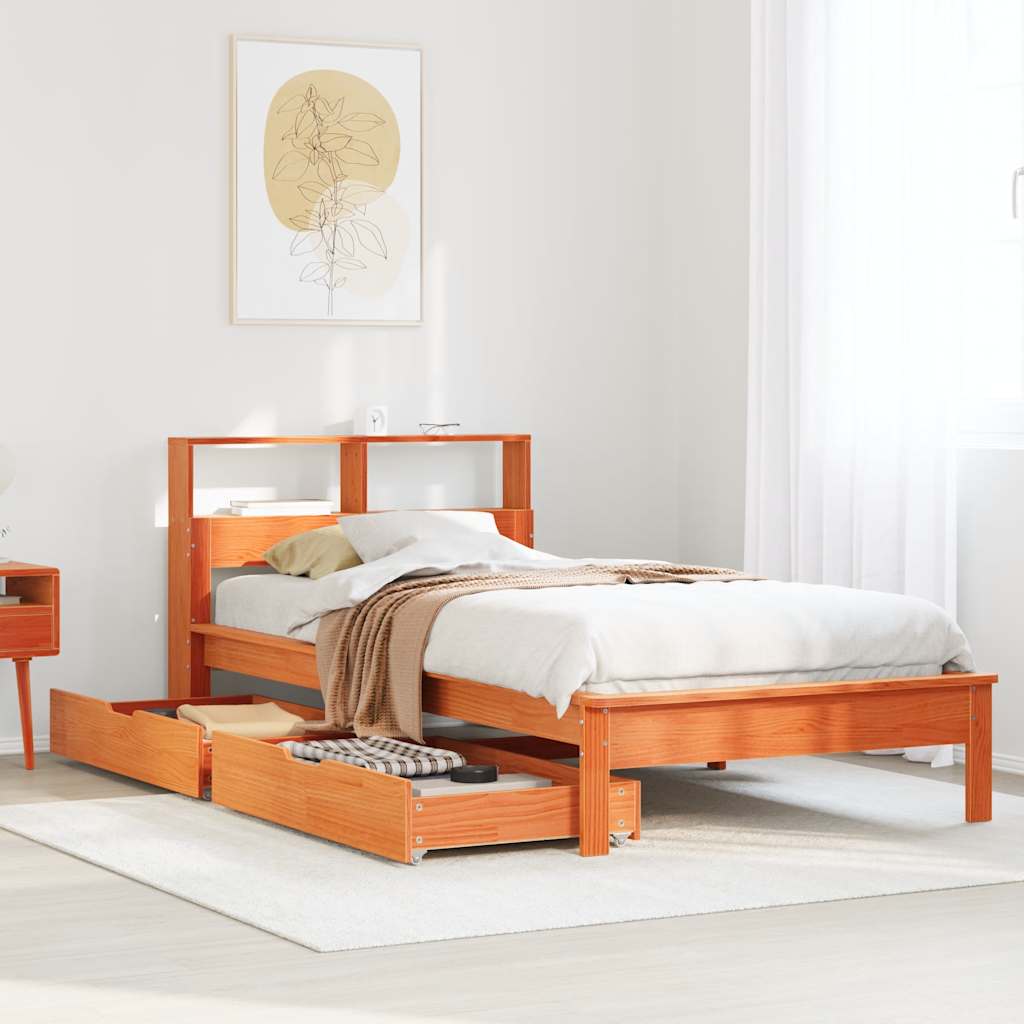 Seng med bokhylle uten madrass voksbrun 75x190 cm heltre furu