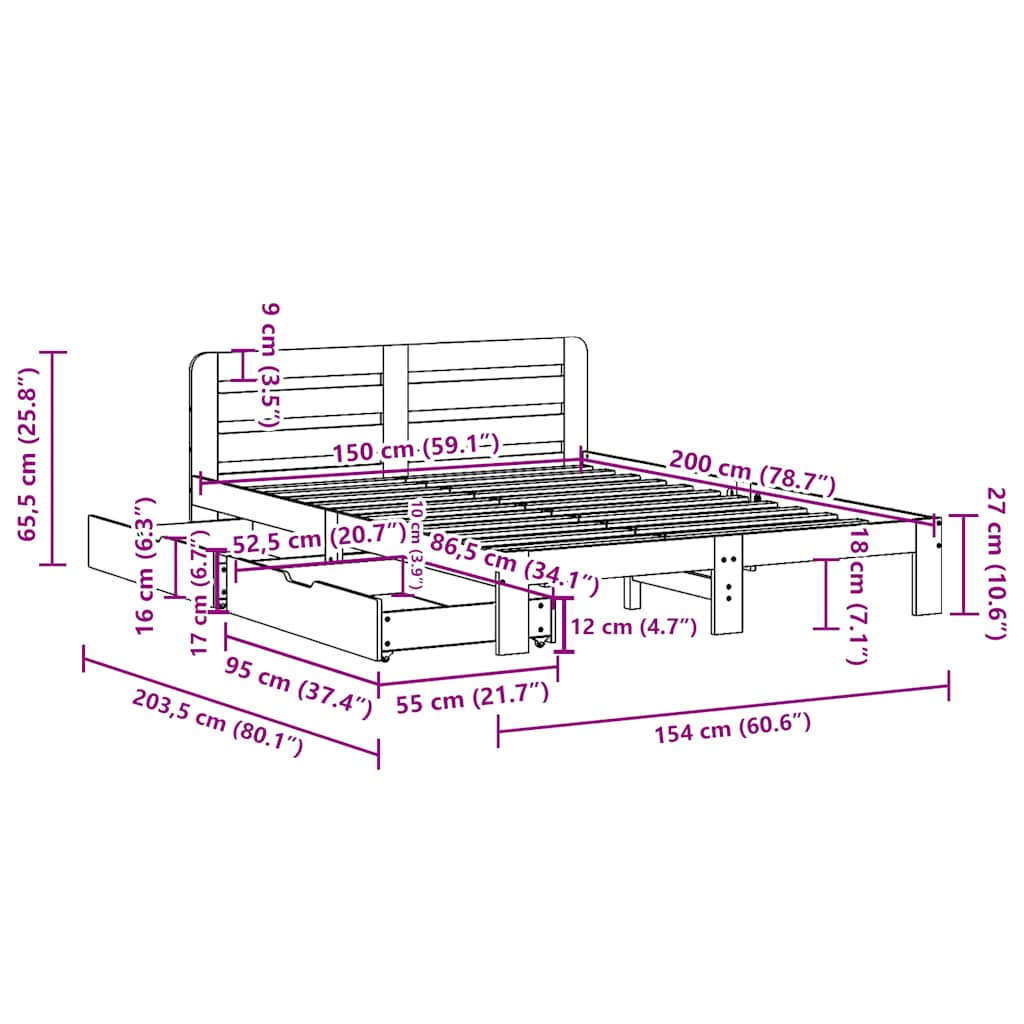 Sengeramme uten madrass brun 150x200 cm heltre furu