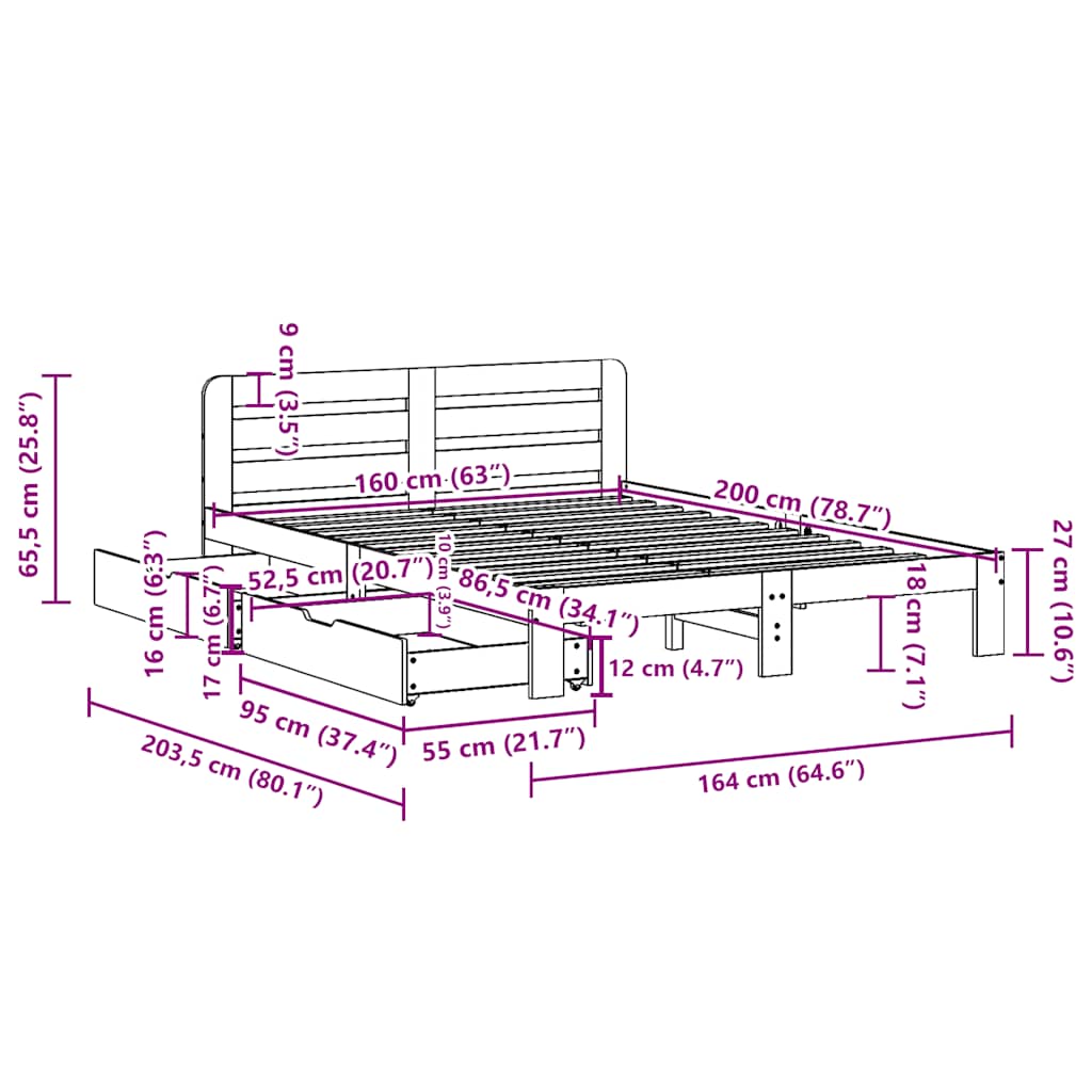 Sengeramme uten madrass 160x200 cm heltre furu