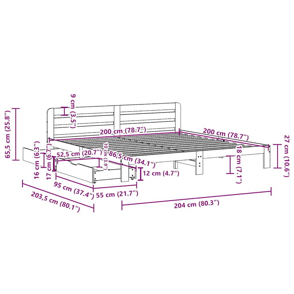 Sengeramme uten madrass voksbrun 200x200 cm heltre furu